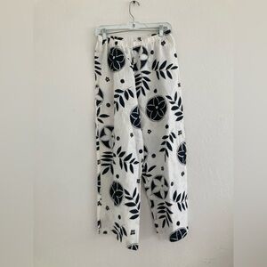 Hot Cotton 100% Linen Floral Pants Black White Pull On Beach Coastal Boho Small